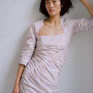 GANNI Pleated Cotton-Poplin Midi Dress Pink Blue Floral EU 36 Limited Edition